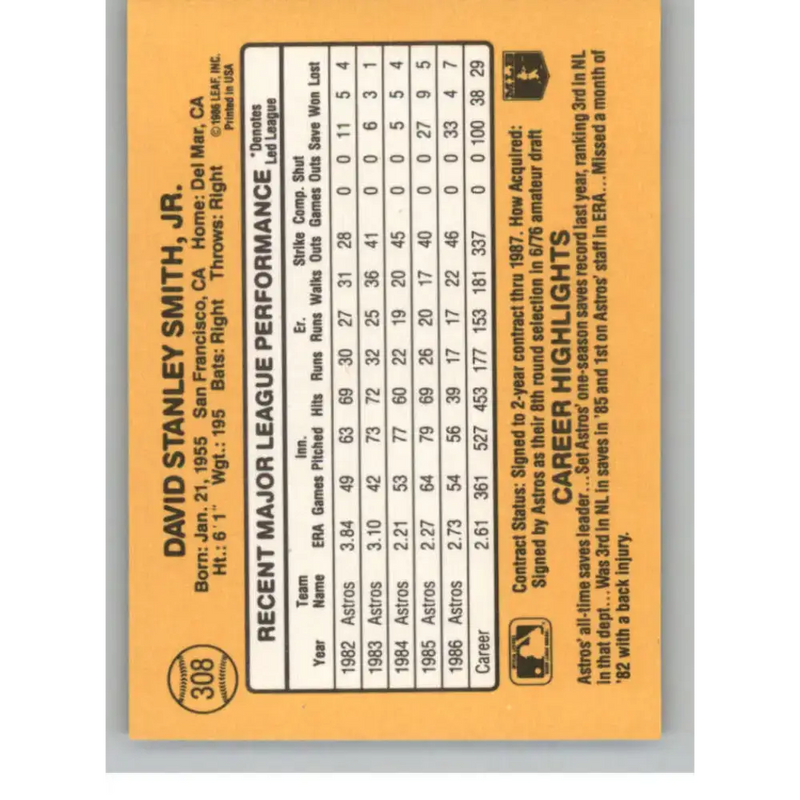 1987 Donruss #308 Dave Smith EX Excellent Houston Astros Baseball Card - Baseball Card Single