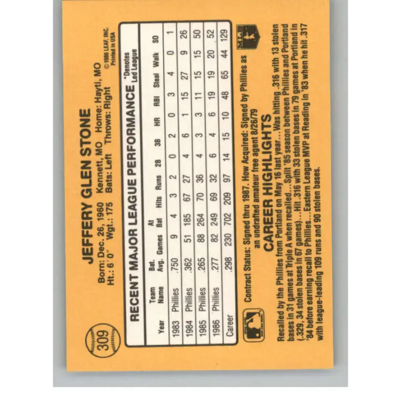 1987 Donruss #309 Jeff Stone EX Excellent Philadelphia Phillies Baseball Card - Baseball Card Single