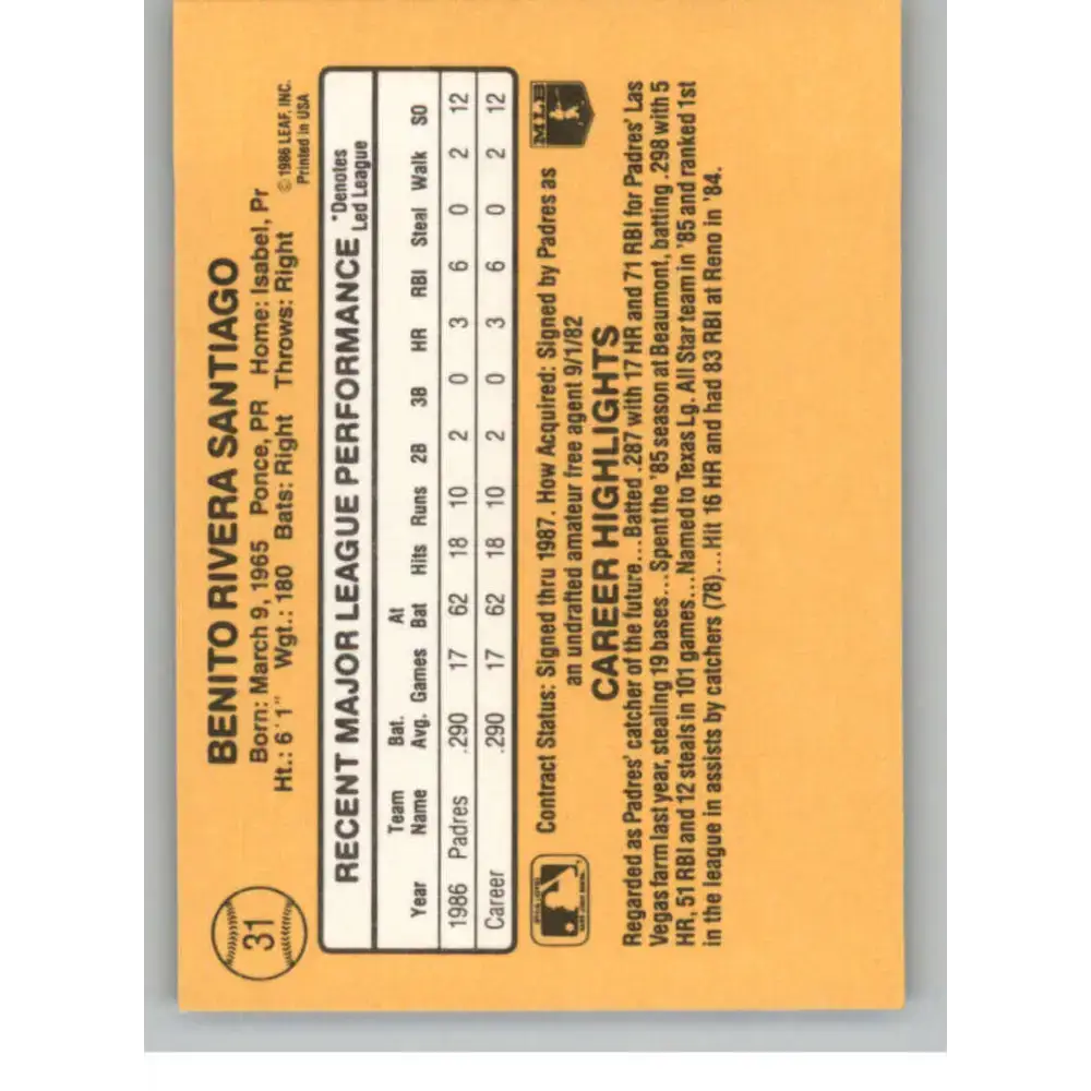 1987 Donruss #31 Benito Santiago EX Excellent San Diego Padres Baseball Card - Baseball Card Single