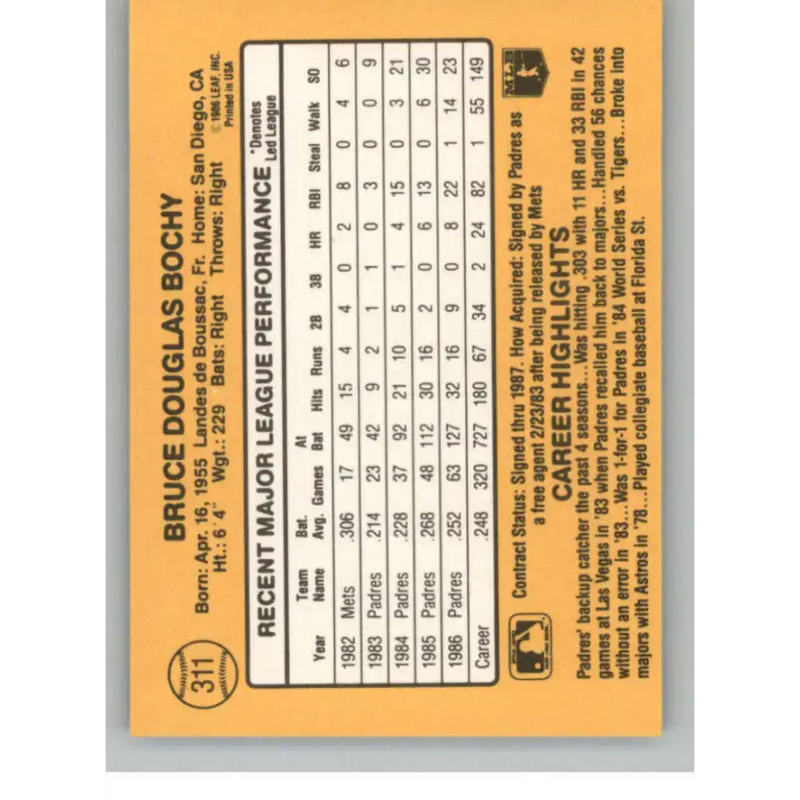 1987 Donruss #311 Bruce Bochy EX Excellent San Diego Padres Baseball Card - Baseball Card Single