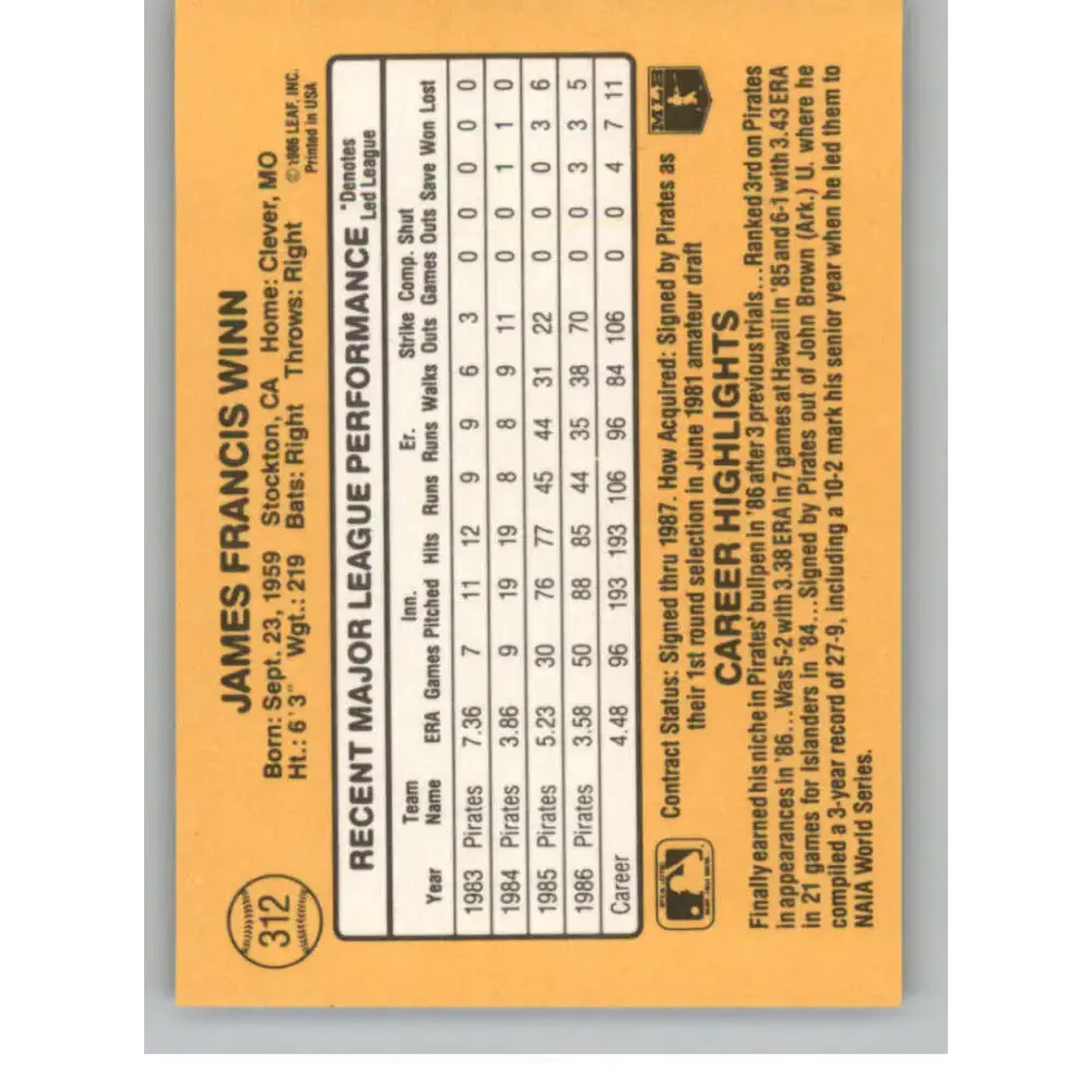 1987 Donruss #312 Jim Winn EX Excellent Pittsburgh Pirates Baseball Card - Baseball Card Single