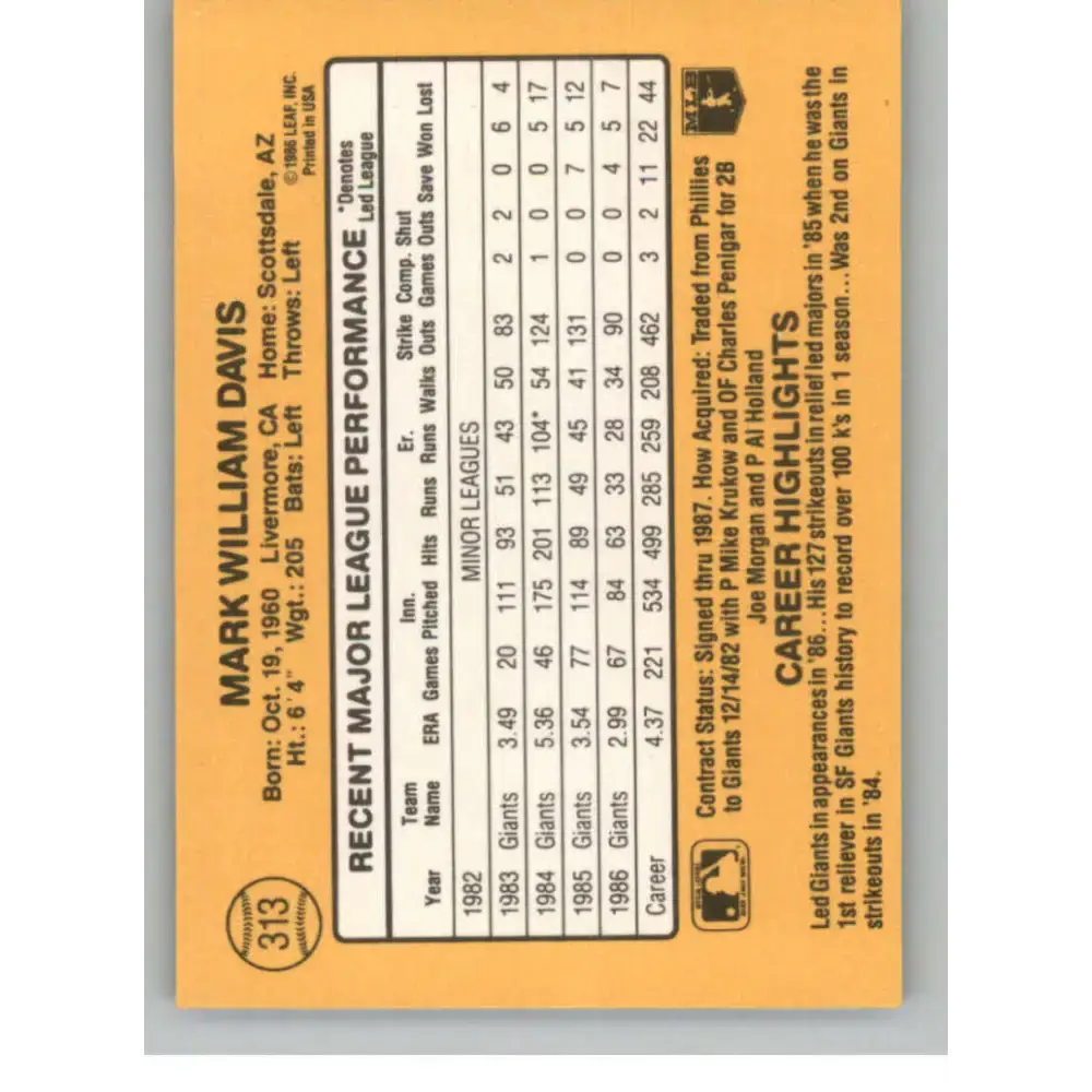 1987 Donruss #313 Mark Davis EX Excellent San Francisco Giants Baseball Card - Baseball Card Single