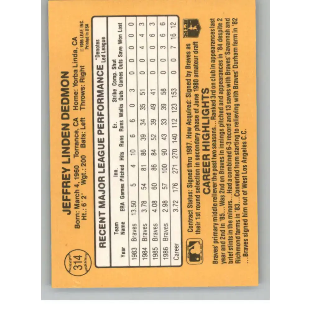1987 Donruss #314 Jeff Dedmon EX Excellent Atlanta Braves Baseball Card - Baseball Card Single