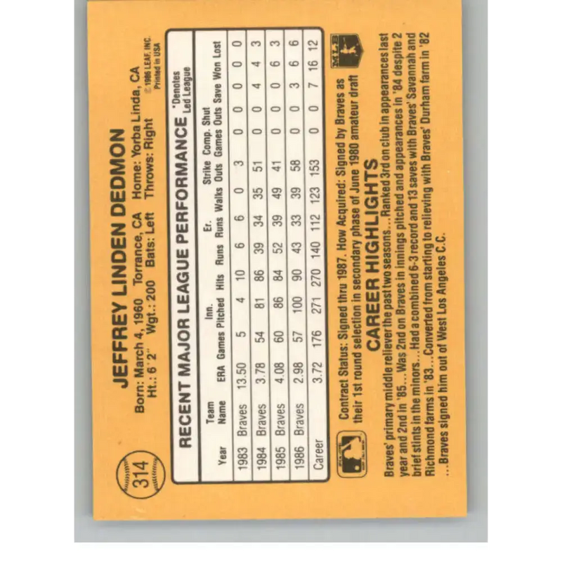 1987 Donruss #314 Jeff Dedmon EX Excellent Atlanta Braves Baseball Card - Baseball Card Single
