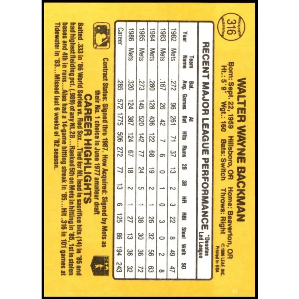 1987 Donruss #316 Wally Backman EX Excellent New York Mets Baseball Card - Baseball Card Single