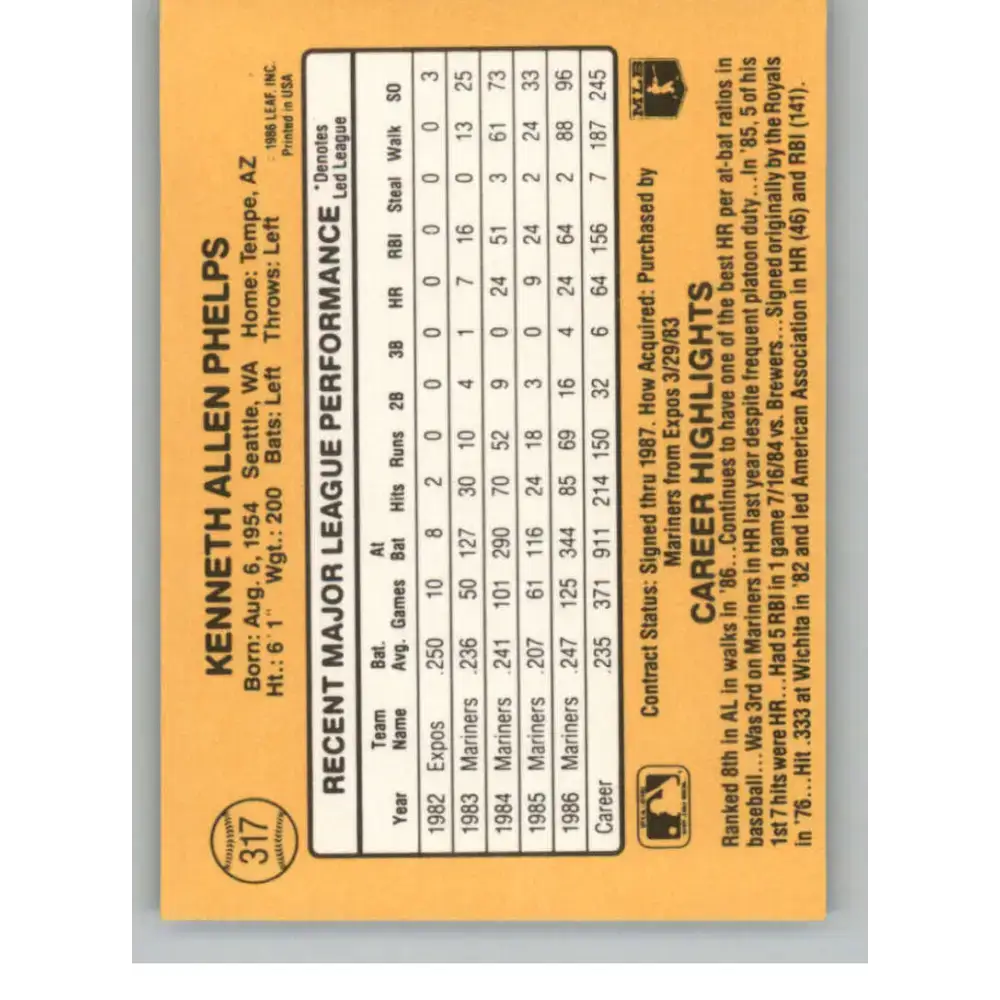 1987 Donruss #317 Ken Phelps EX Excellent Seattle Mariners Baseball Card - Baseball Card Single