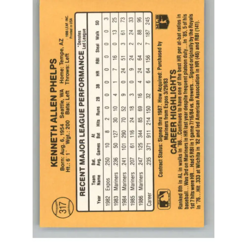 1987 Donruss #317 Ken Phelps EX Excellent Seattle Mariners Baseball Card - Baseball Card Single