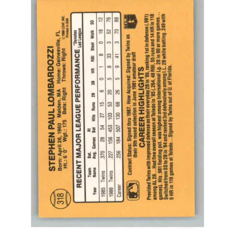 1987 Donruss #318 Steve Lombardozzi EX Excellent Minnesota Twins Baseball Card - Baseball Card Single