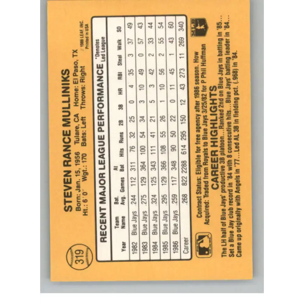 1987 Donruss #319 Rance Mulliniks EX Excellent Toronto Blue Jays Baseball Card - Baseball Card Single