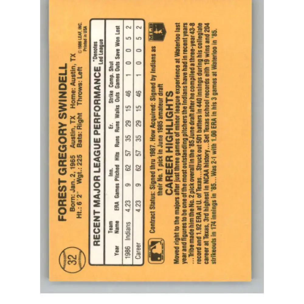 1987 Donruss #32 Greg Swindell EX Excellent RC Rookie Cleveland Indians Baseball Card - Baseball Card Single