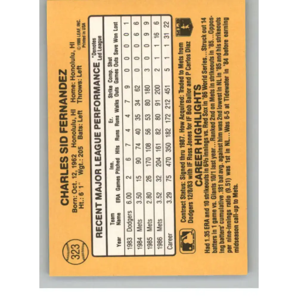 1987 Donruss #323 Sid Fernandez EX Excellent New York Mets Baseball Card - Baseball Card Single
