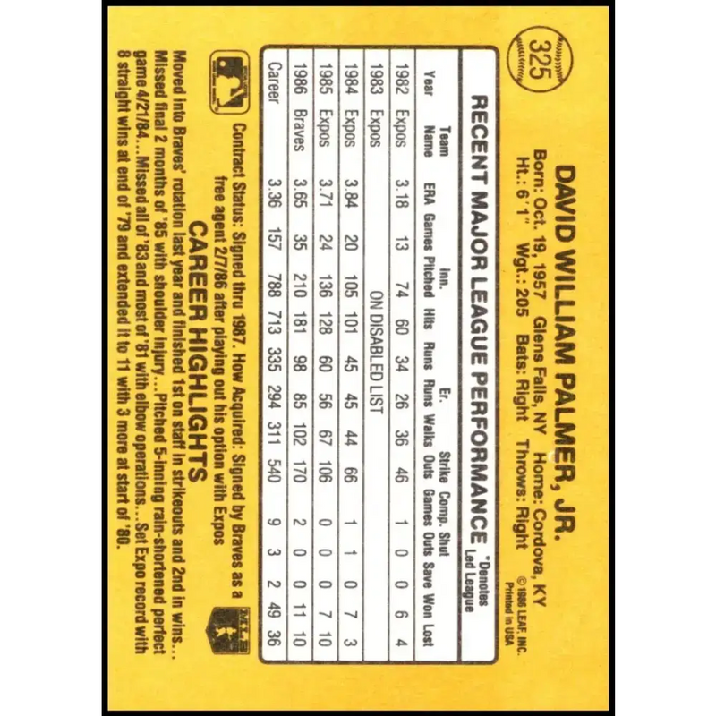 1987 Donruss #325 David Palmer EX Excellent Atlanta Braves Baseball Card - Baseball Card Single