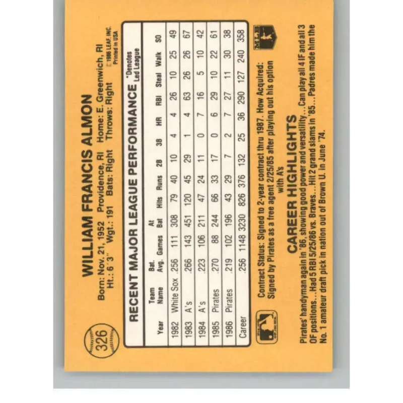 1987 Donruss #326 Bill Almon EX Excellent Pittsburgh Pirates Baseball Card - Baseball Card Single