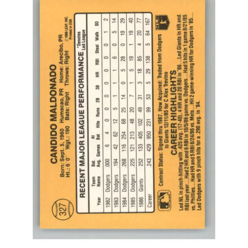 1987 Donruss #327 Candy Maldonado EX Excellent San Francisco Giants Baseball Card - Baseball Card Single