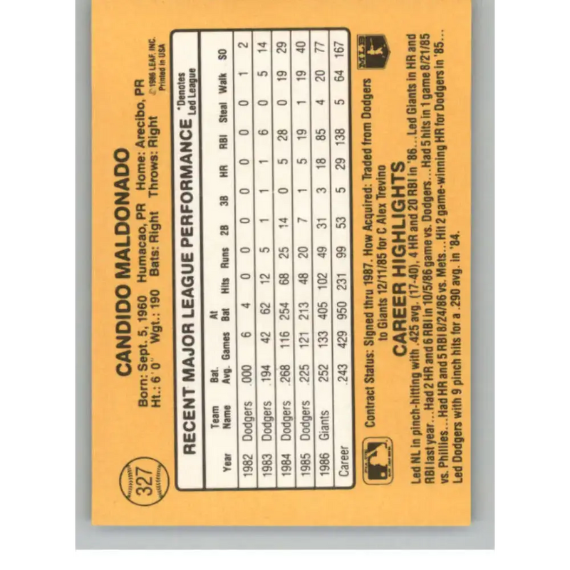 1987 Donruss #327 Candy Maldonado EX Excellent San Francisco Giants Baseball Card - Baseball Card Single