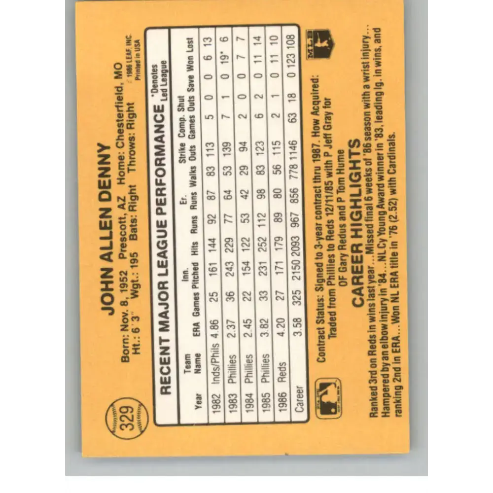 1987 Donruss #329 John Denny EX Excellent Cincinnati Reds Baseball Card - Baseball Card Single