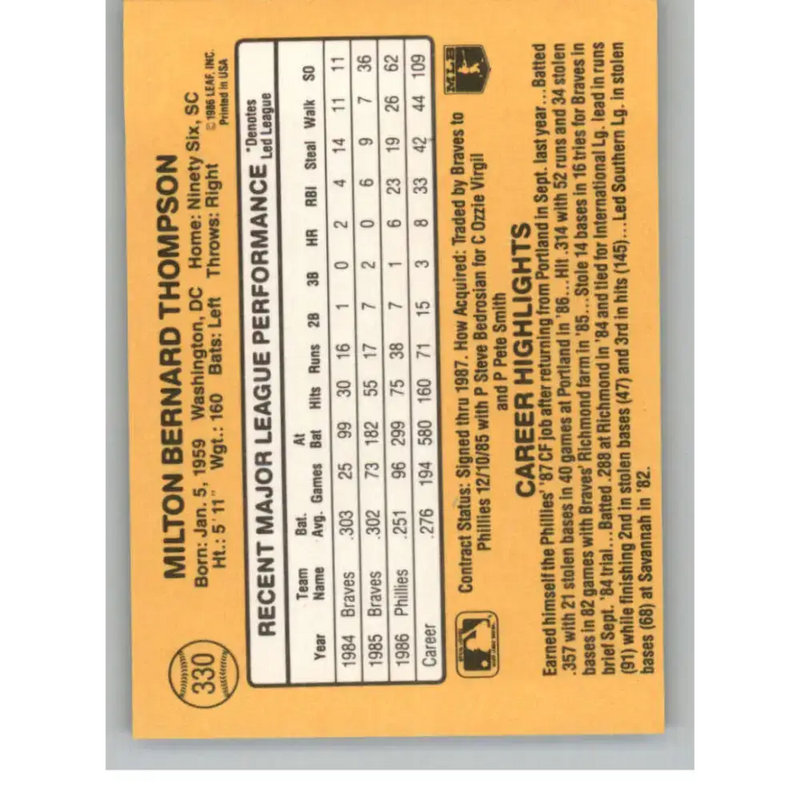 1987 Donruss #330 Milt Thompson EX Excellent Philadelphia Phillies Baseball Card - Baseball Card Single