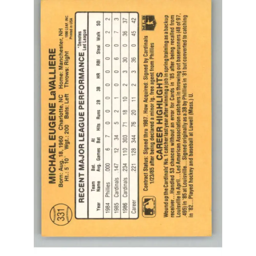 1987 Donruss #331 Mike LaValliere EX Excellent RC Rookie St. Louis Cardinals Baseball Card - Baseball Card Single