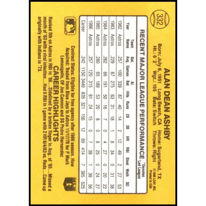 1987 Donruss #332 Alan Ashby EX Excellent Houston Astros Baseball Card - Baseball Card Single