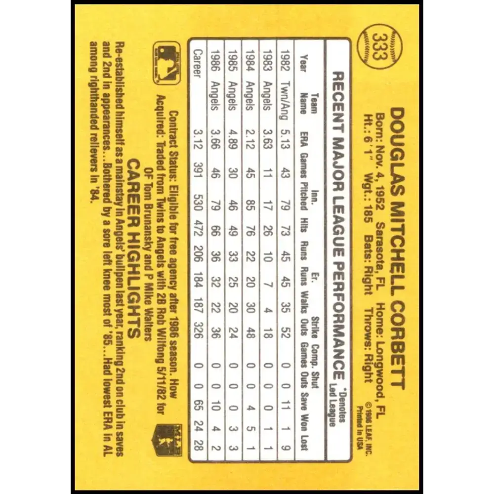 1987 Donruss #333 Doug Corbett EX Excellent California Angels Baseball Card - Baseball Card Single