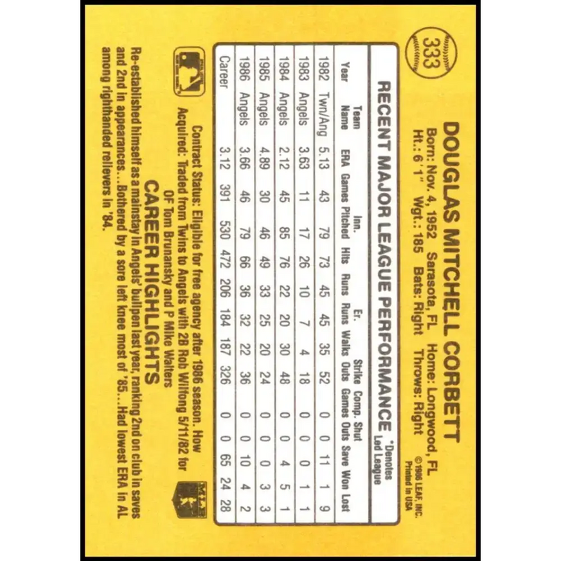 1987 Donruss #333 Doug Corbett EX Excellent California Angels Baseball Card - Baseball Card Single