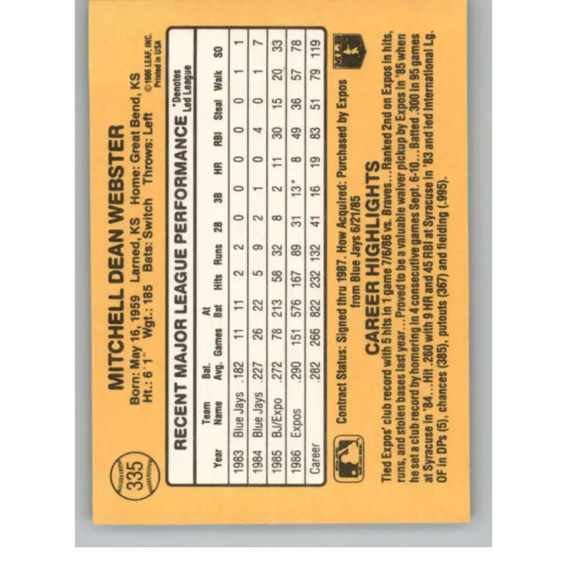 1987 Donruss #335 Mitch Webster EX Excellent Montreal Expos Baseball Card - Baseball Card Single