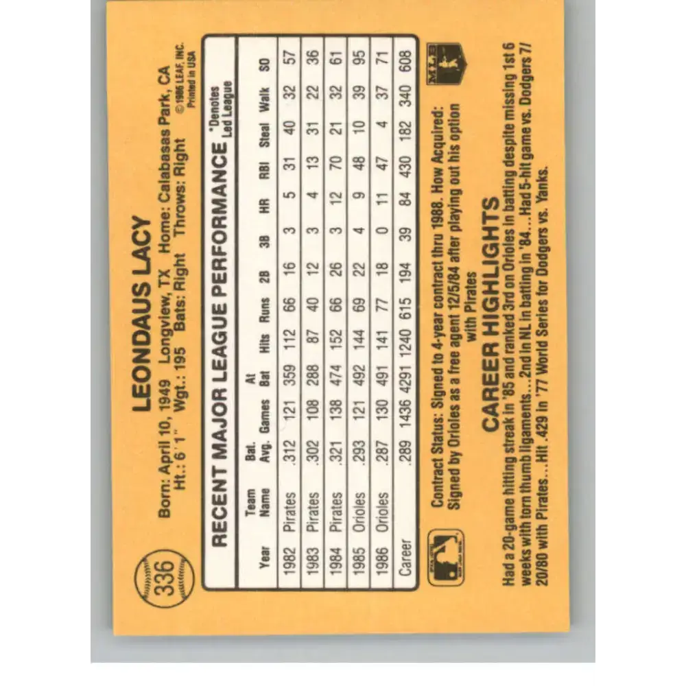 1987 Donruss #336 Lee Lacy EX Excellent Baltimore Orioles Baseball Card - Baseball Card Single