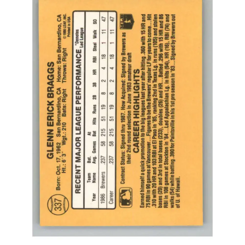 1987 Donruss #337 Glenn Braggs EX Excellent RC Rookie Milwaukee Brewers Baseball Card - Baseball Card Single