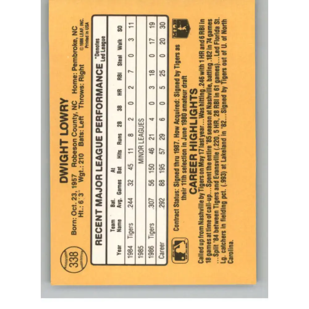 1987 Donruss #338 Dwight Lowry EX Excellent RC Rookie Detroit Tigers Baseball Card - Baseball Card Single