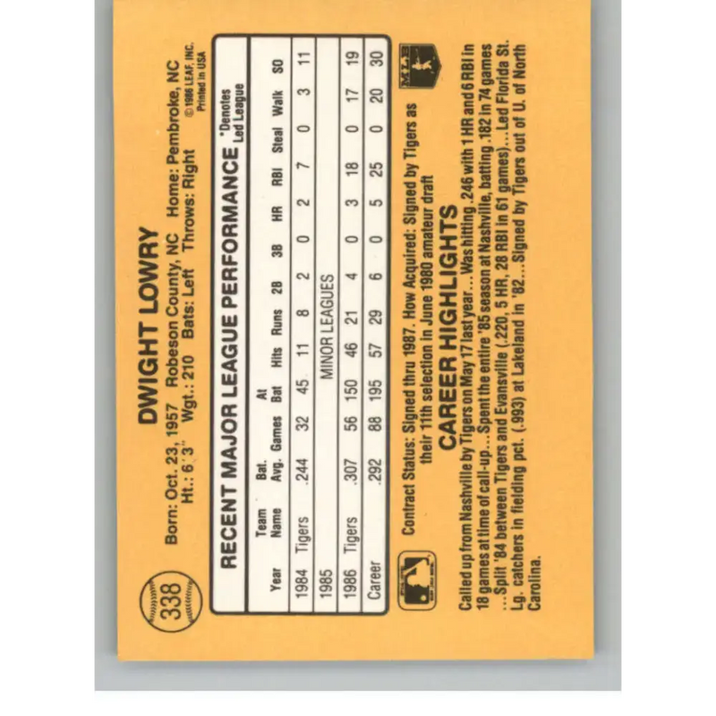 1987 Donruss #338 Dwight Lowry EX Excellent RC Rookie Detroit Tigers Baseball Card - Baseball Card Single