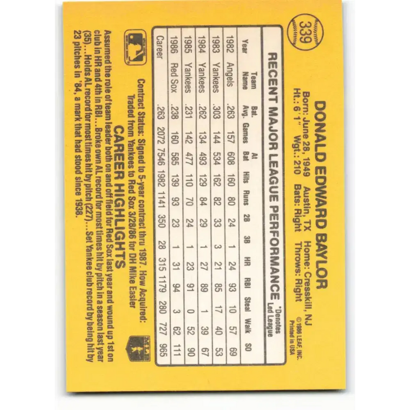 1987 Donruss #339 Don Baylor EX Excellent Boston Red Sox Baseball Card - Baseball Card Single