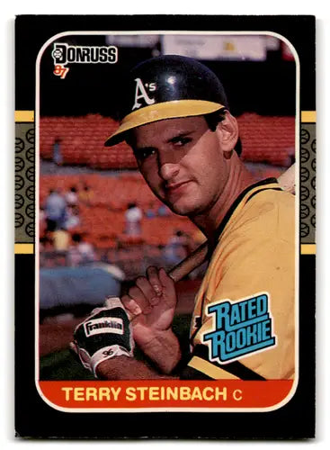 Original gloss Terry Steinbach rookie Athletics baseball card from 1987 Donruss