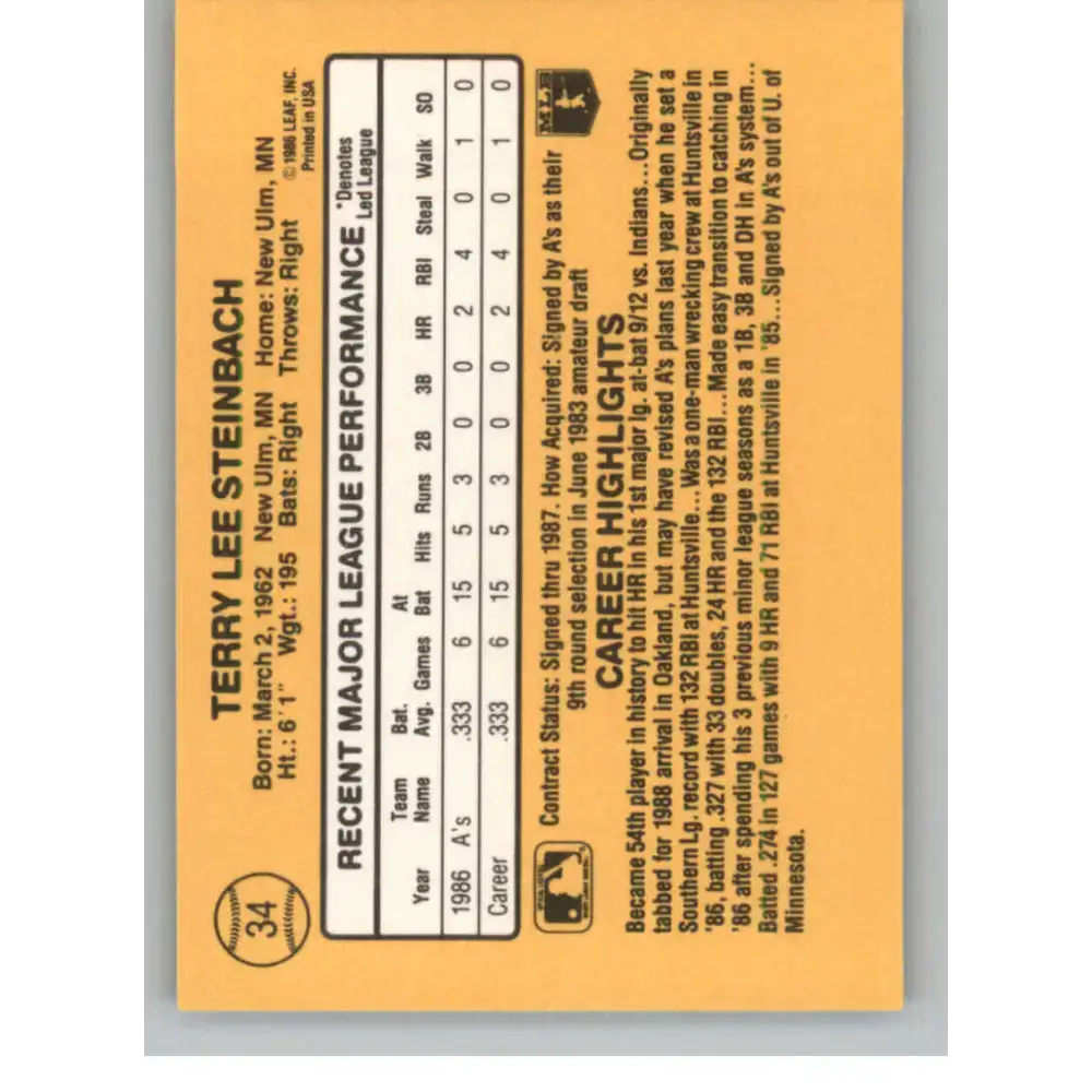 1987 Donruss #34 Terry Steinbach EX Excellent RC Rookie Oakland Athletics Baseball Card
