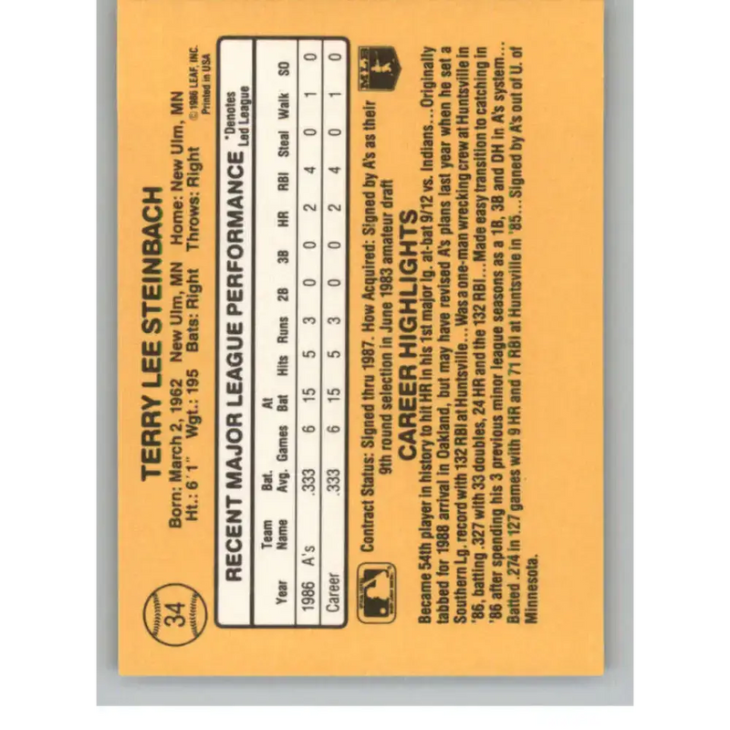 1987 Donruss #34 Terry Steinbach EX Excellent RC Rookie Oakland Athletics Baseball Card