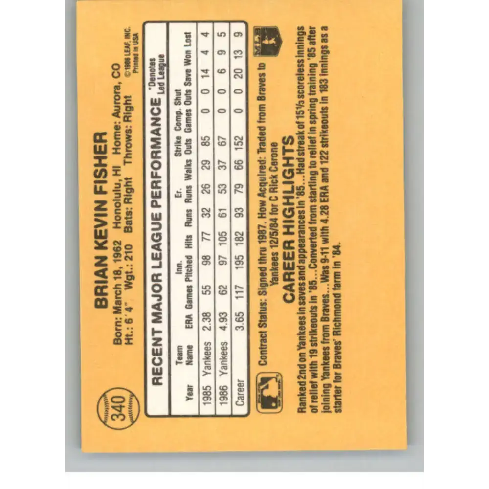 1987 Donruss #340 Brian Fisher EX Excellent New York Yankees Baseball Card - Baseball Card Single