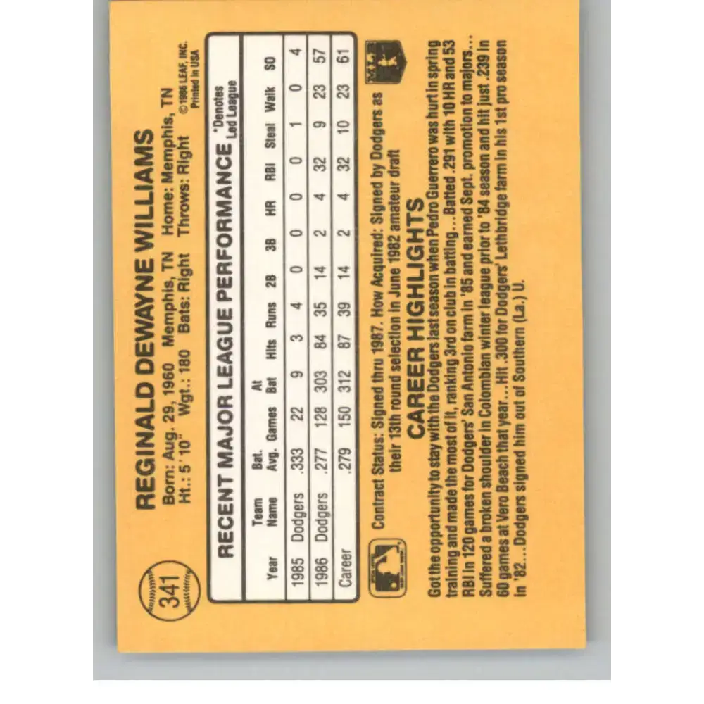 1987 Donruss #341 Reggie Williams EX Excellent Los Angeles Dodgers Baseball Card - Baseball Card Single