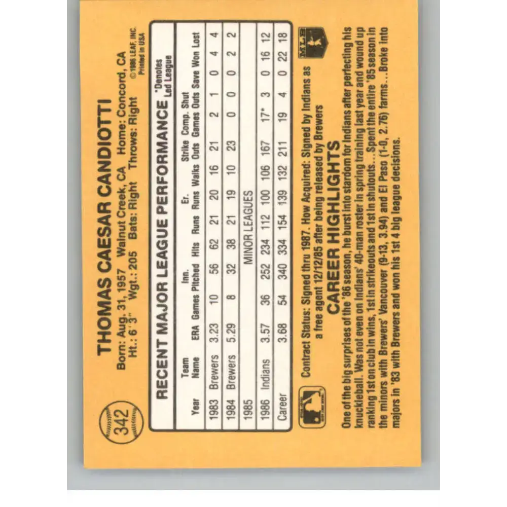 1987 Donruss #342 Tom Candiotti EX Excellent Cleveland Indians Baseball Card - Baseball Card Single