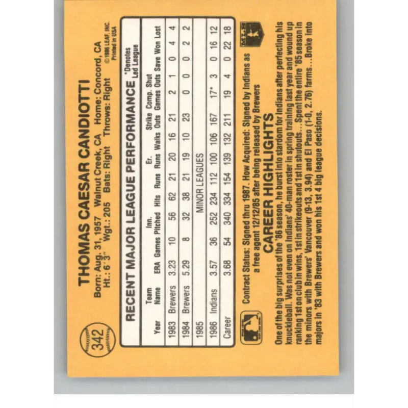 1987 Donruss #342 Tom Candiotti EX Excellent Cleveland Indians Baseball Card - Baseball Card Single