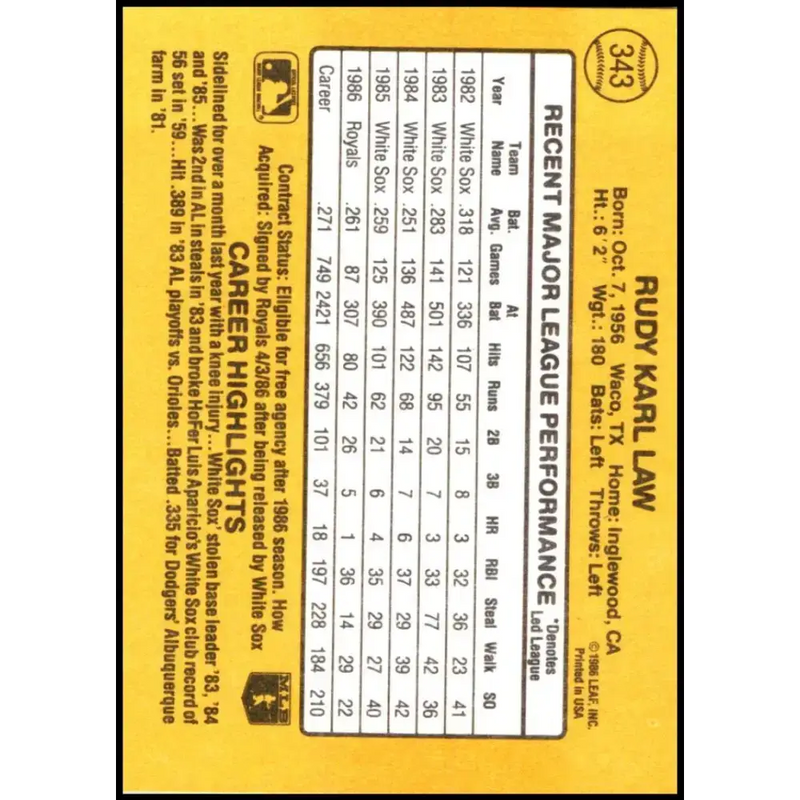 1987 Donruss #343 Rudy Law EX Excellent Kansas City Royals Baseball Card - Baseball Card Single