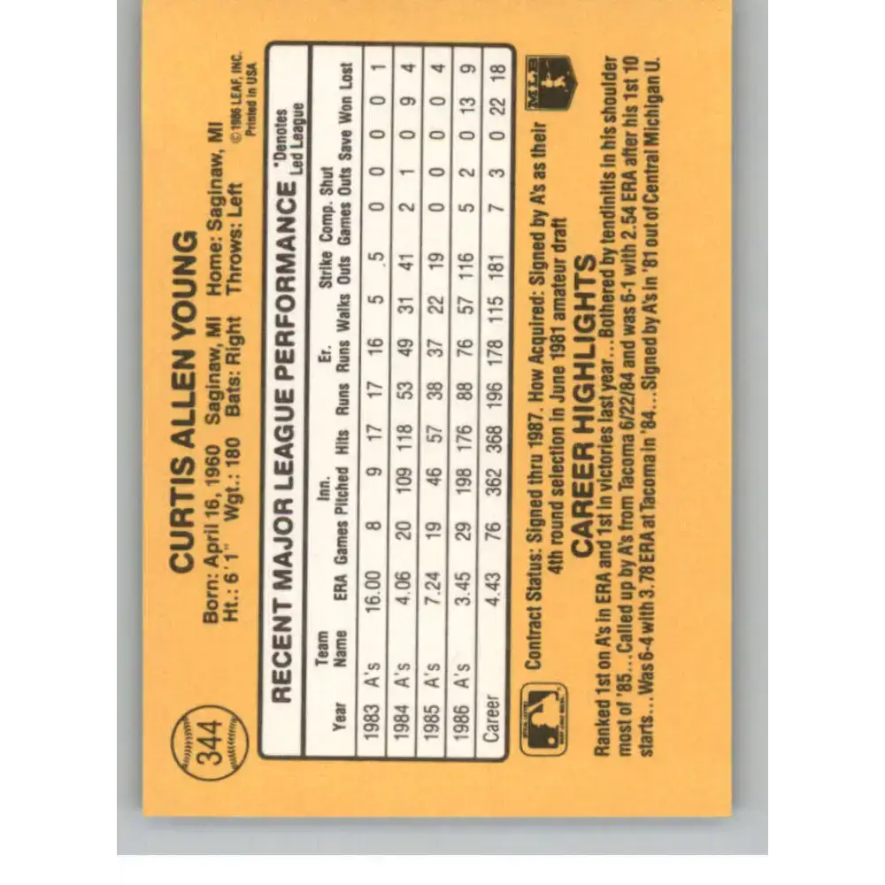 1987 Donruss #344 Curt Young EX Excellent Oakland Athletics Baseball Card - Baseball Card Single