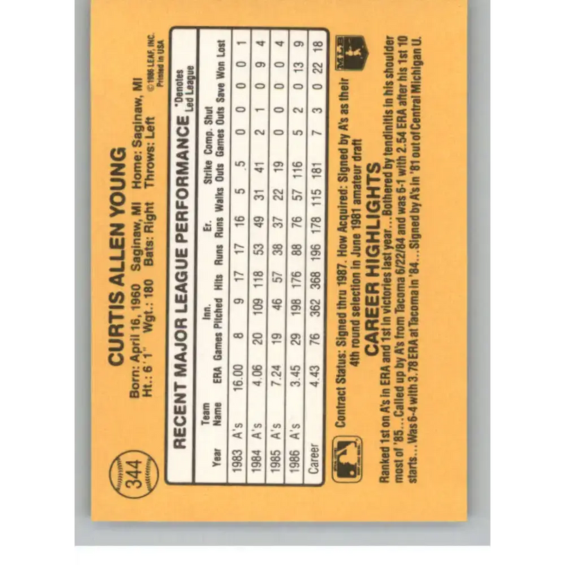 1987 Donruss #344 Curt Young EX Excellent Oakland Athletics Baseball Card - Baseball Card Single