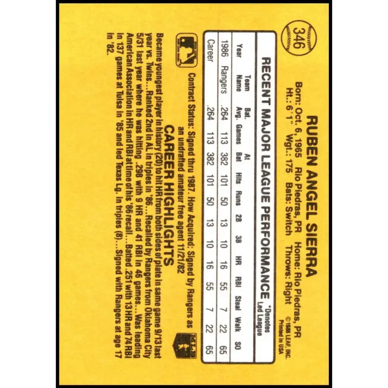 1987 Donruss #346 Ruben Sierra EX Excellent RC Rookie Texas Rangers Baseball Card - Baseball Card Single
