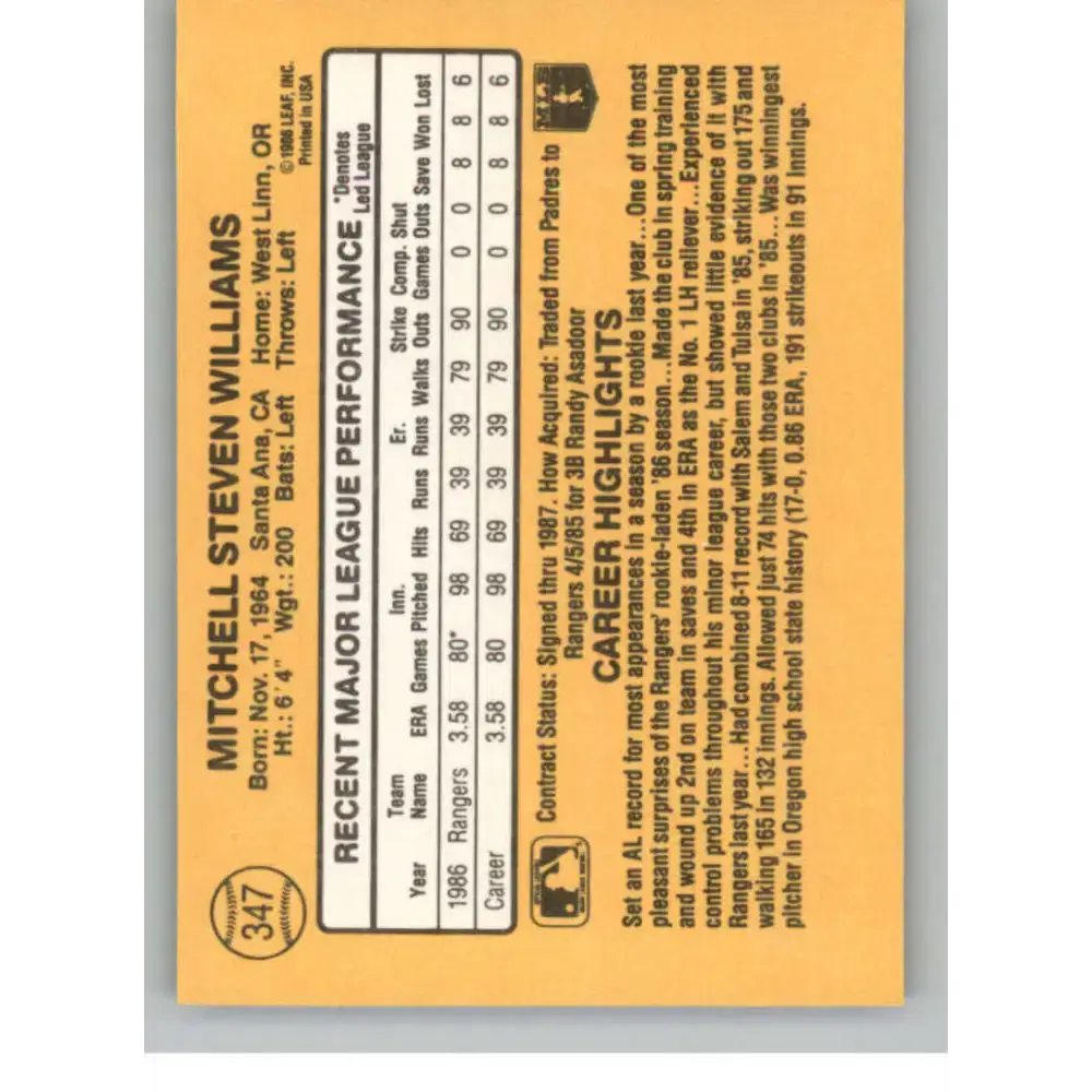 1987 Donruss #347 Mitch Williams EX Excellent RC Rookie Texas Rangers Baseball Card - Baseball Card Single