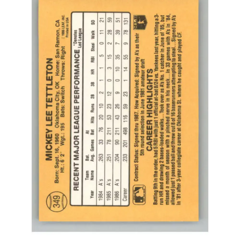 1987 Donruss #349 Mickey Tettleton EX Oakland Athletics Baseball Card - Baseball Card Single