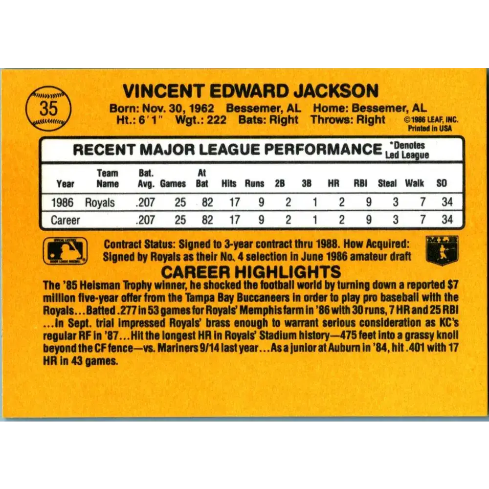 1987 Donruss #35 Bo Jackson EX Excellent RC Rookie Kansas City Royals Baseball Card - Baseball Card Single