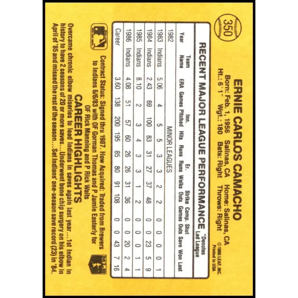 1987 Donruss #350 Ernie Camacho EX Excellent Cleveland Indians Baseball Card - Baseball Card Single