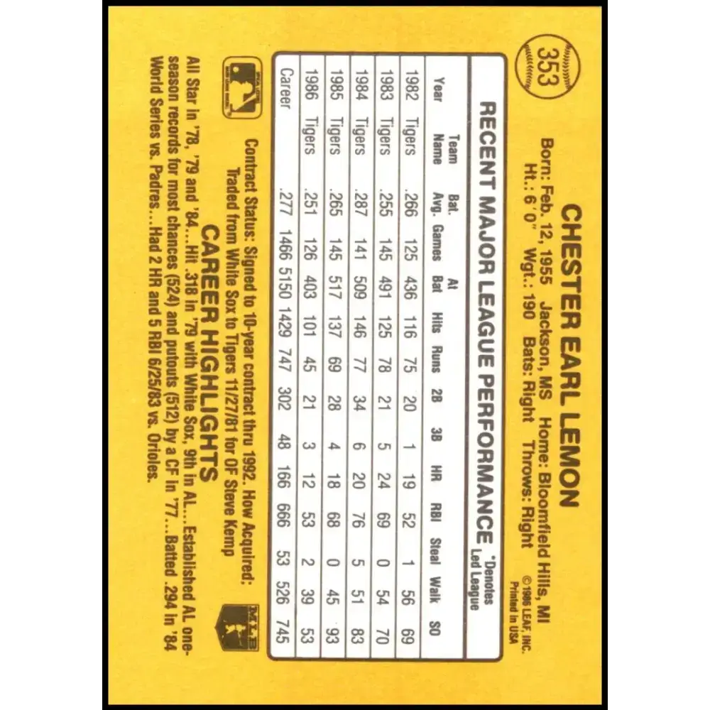 1987 Donruss #353 Chet Lemon EX Excellent Detroit Tigers Baseball Card - Baseball Card Single
