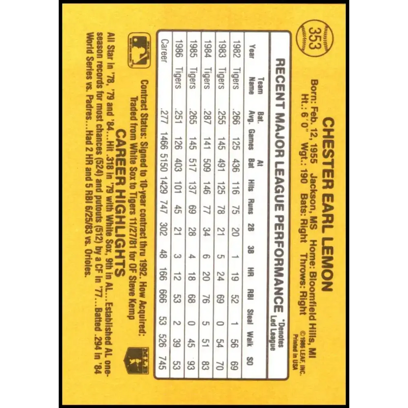 1987 Donruss #353 Chet Lemon EX Excellent Detroit Tigers Baseball Card - Baseball Card Single