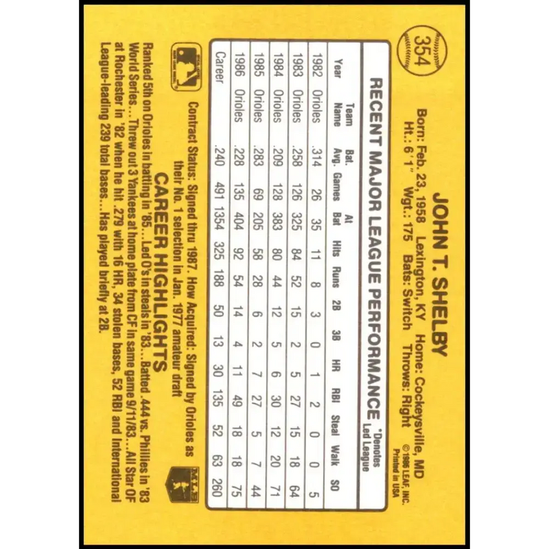 1987 Donruss #354 John Shelby EX Excellent Baltimore Orioles Baseball Card - Baseball Card Single