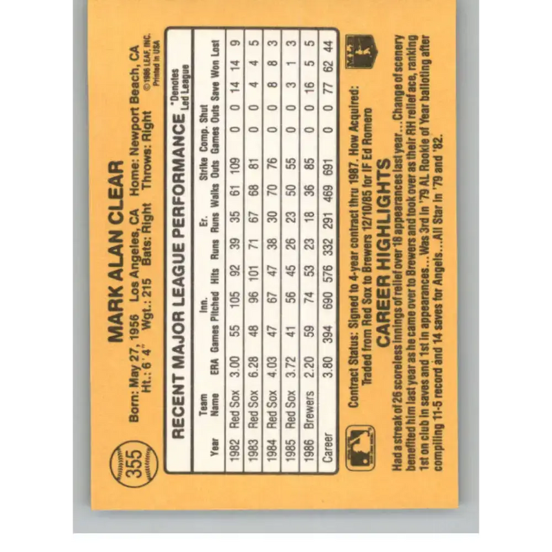 1987 Donruss #355 Mark Clear EX Excellent Milwaukee Brewers Baseball Card - Baseball Card Single